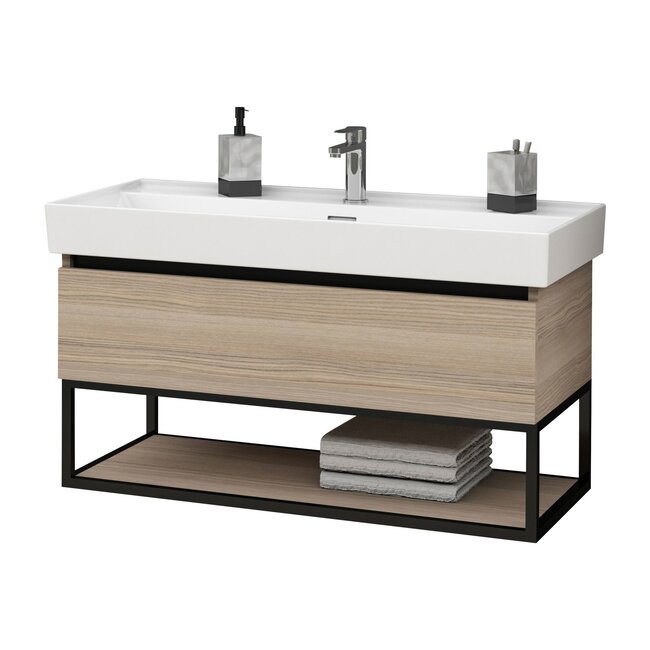 Aloni Sharp badkamermeubelset 100 cm noot met wastafel, spiegel en kolomkast
