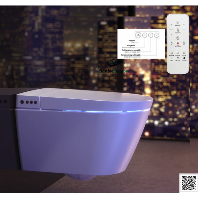 Randloos Smart Douche-WC met Verborgen Bevestiging – Verwarmde Zitting, Föhn & Afstandsbediening – Glans Wit