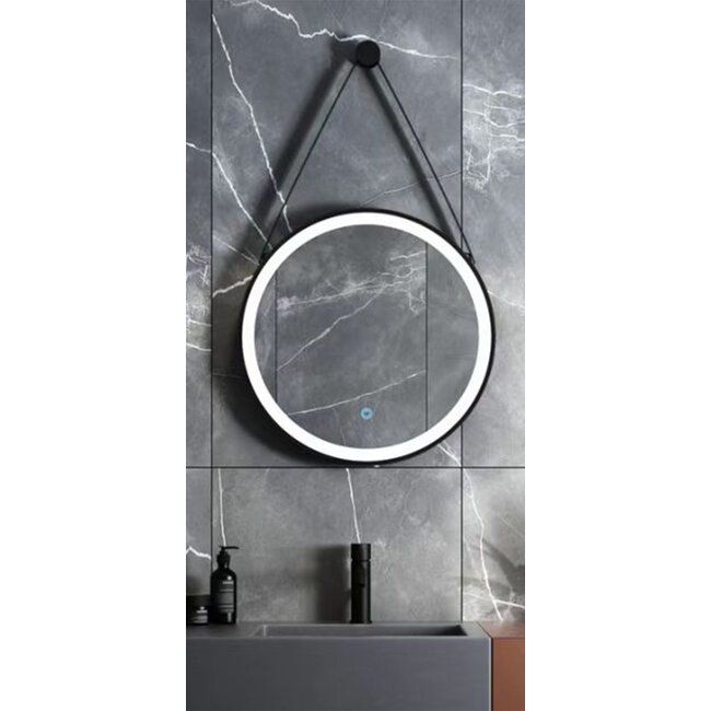 Spiegel Rond met LED Verlichting en Band - 60 cm - Mat Zwart