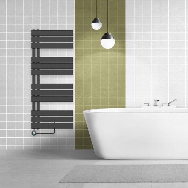 Elektrische Handdoek Radiator met Aansluiting Links  - 593 Watt - 1200 x 500 mm - Mat Zwart