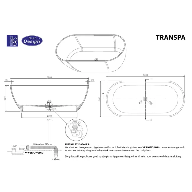 Transpa Vrijstaand Bad - 170x78x56 cm - Transparant