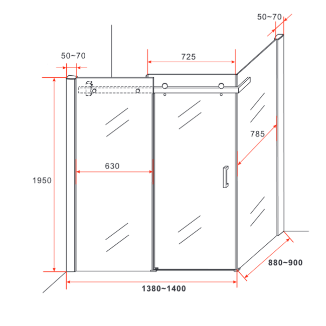 Douchecabine Schuifdeur met Zijwand Chroom (90X140X195CM)