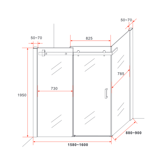Douchecabine Schuifdeur met Zijwand Chroom (90X160X195CM)