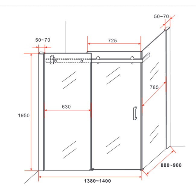 Douchecabine Schuifdeur met Zijwand - Mat Zwart  (8mm Glas) 90x140 cm