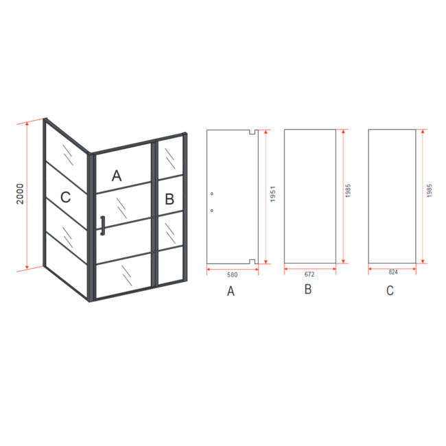 Douchecabine Draaideur met Zijwand Mat Zwart 8mm Nano Glas 90x140cm