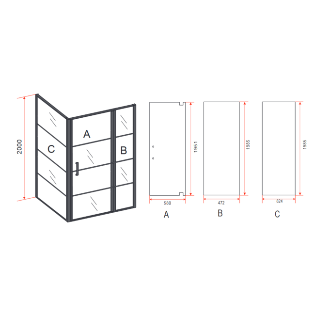 Douchecabine Draaideur met Zijwand Mat Zwart 8mm Nano Glas 90x120cm