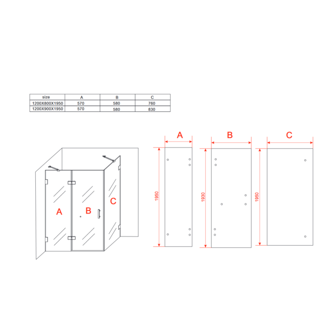 Douchecabine met draaideur 8mm chroom - 90X120X195CM