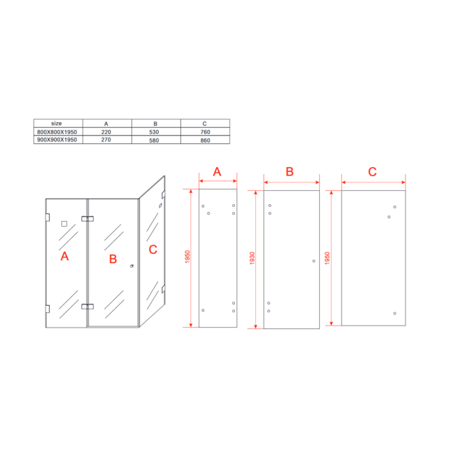 Douchecabine met beweegbare zijwand chroom 8mm - (80X80X195CM)