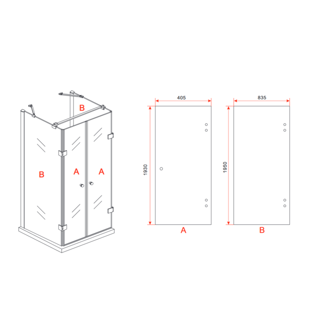 Douchecabine half vrijstaand 8mm 90X90X195CM