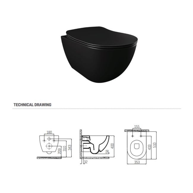 Randloos Hangtoilet met Toiletzitting – Mat Zwart – Soft-Close & Quick-Release