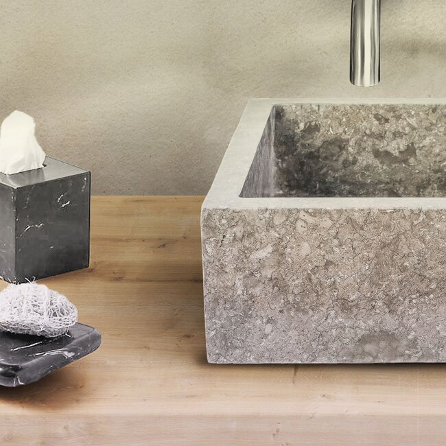 Natuursteen Waskom Vierkant en Kuipvormig Volledig Gepolijst - 40x40x15 cm - Grijs