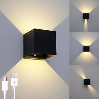 Oplaadbare Waterdichte Wandlamp met Daglichtsensor - Vierkant Zwart, 6W Warm Wit (IP54