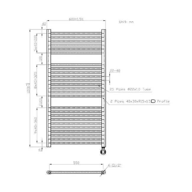 Senden Elektrische Radiator - 640 Watt - 1200 x 600 mm - Zwart