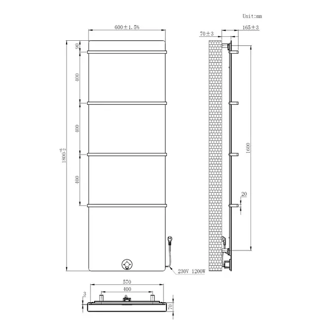 Brenner Elektrische Radiator - 1200 Watt - 1800 x 600 mm - Mat Zwart