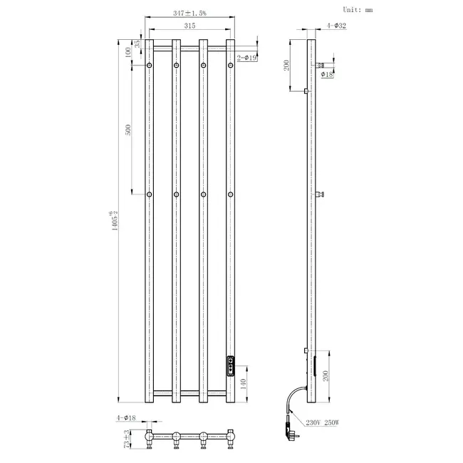 Velten Elektrische Radiator - 250 Watt - 1405 x 346 mm - Mat Zwart