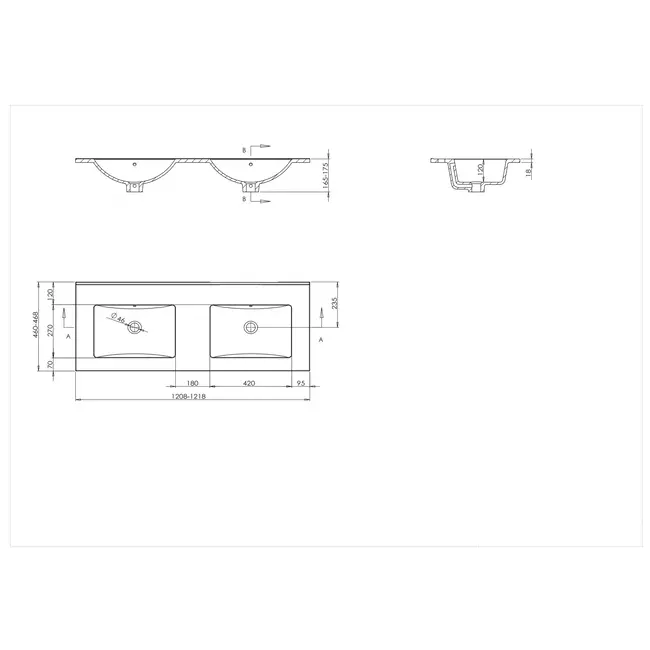 Keramische Wastafel Parijs zonder Kraangat - 120 x 46 x 16.5 cm -  Wit Glans