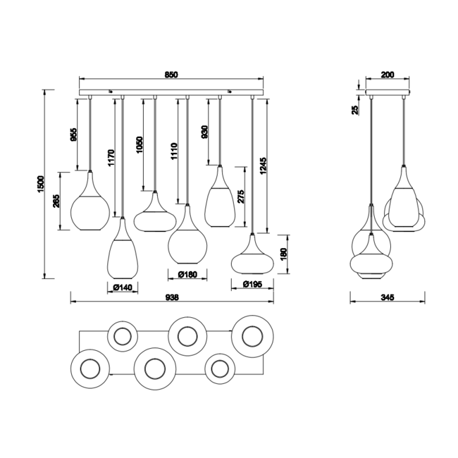 Hanglamp Lumina - zwart/amber 6 delig