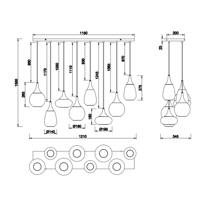 Hanglamp Lumina - zwart/amber 8 delig