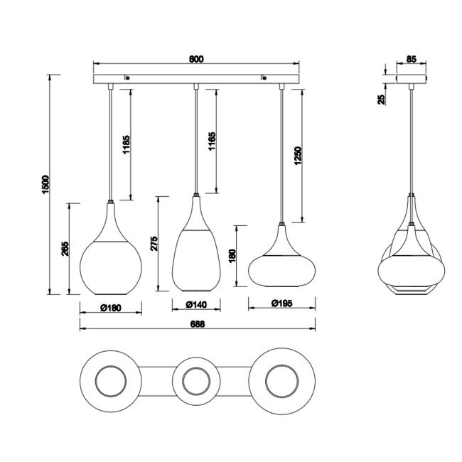 Hanglamp Lumina - zwart/verchroomd 3 delig