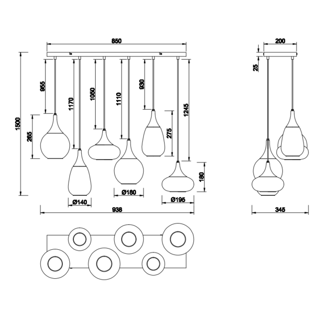 Hanglamp Lumina - zwart/verchroomd 6 delig