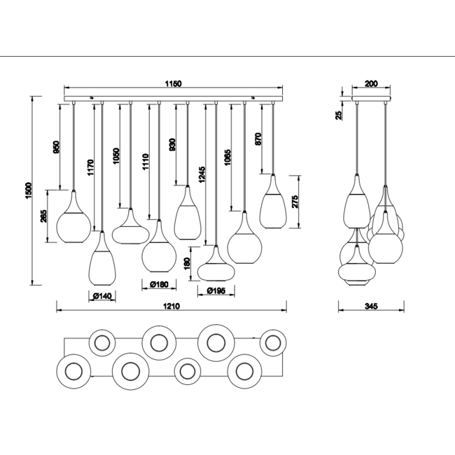 Hanglamp Lumina - zwart/verchroomd 8 delig