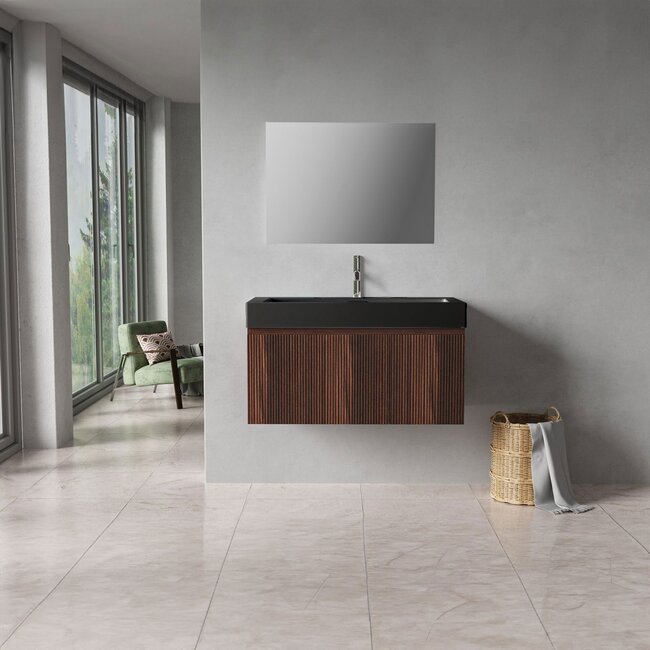 Badkamermeubel Ela met Zwarte Wastafel - 80 cm - Walnoot