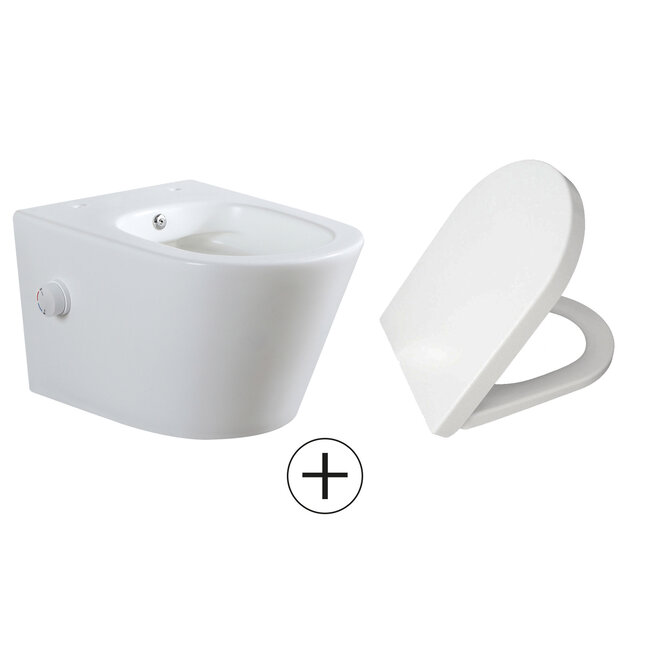 Rimless Hangtoilet met Bidetkraan Warm/Koud Water met Toiletzitting - Mat Wit