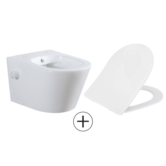 Rimless Hangtoilet met Bidetkraan Warm/Koud Water met Toiletzitting - Glans Wit