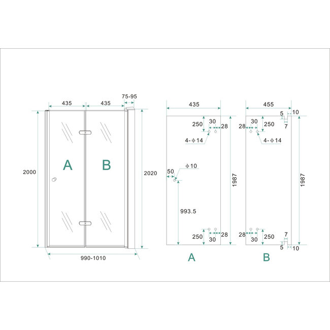Nisdeur vouwbaar Rechts Nano glas 1000 x 2000 x 8 mm - Chroom