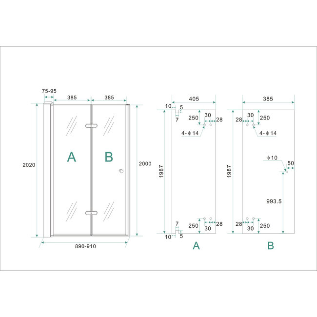 Nisdeur vouwbaar Links  Nano glas 900 x 2000 x 8 mm - Chroom