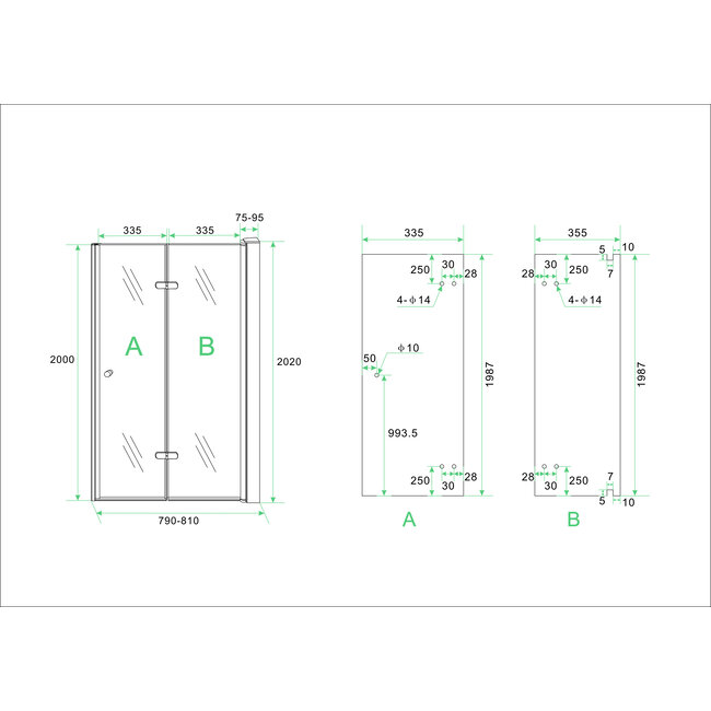 Nisdeur vouwbaar Rechts Nano glas 800 x 2000 x 8 mm - Chroom
