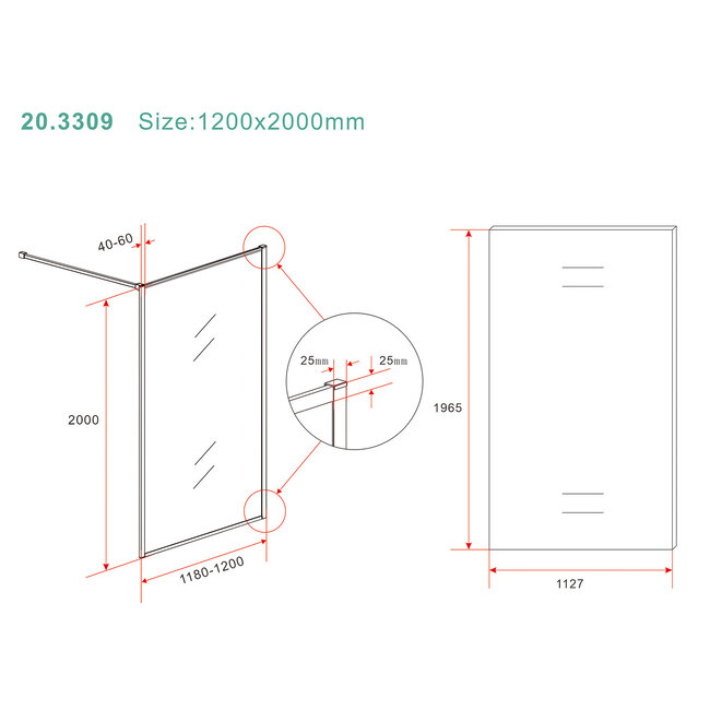 Inloopdouche 120 x 200 x 8 mm nano helder glas - Geborsteld Brons koper