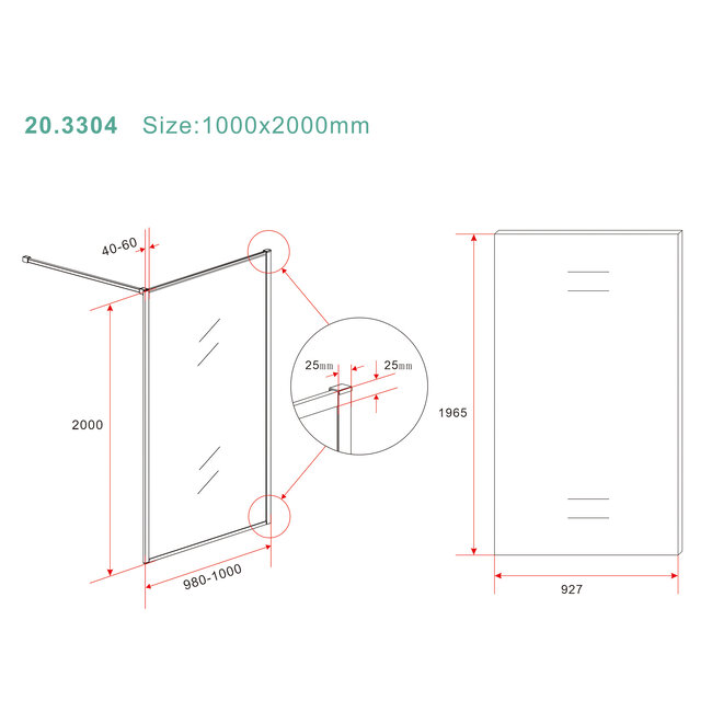 Inloopdouche 100 x 200 x 8 mm nano helder glas - Geborsteld Brons koper