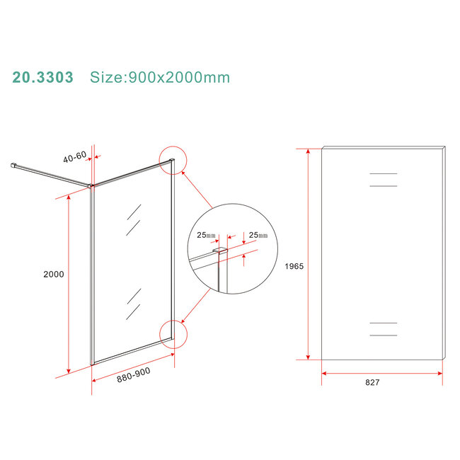 Inloopdouche 90 x 200 cm, 8 mm nano helder glas met geborsteld brons-koper profiel