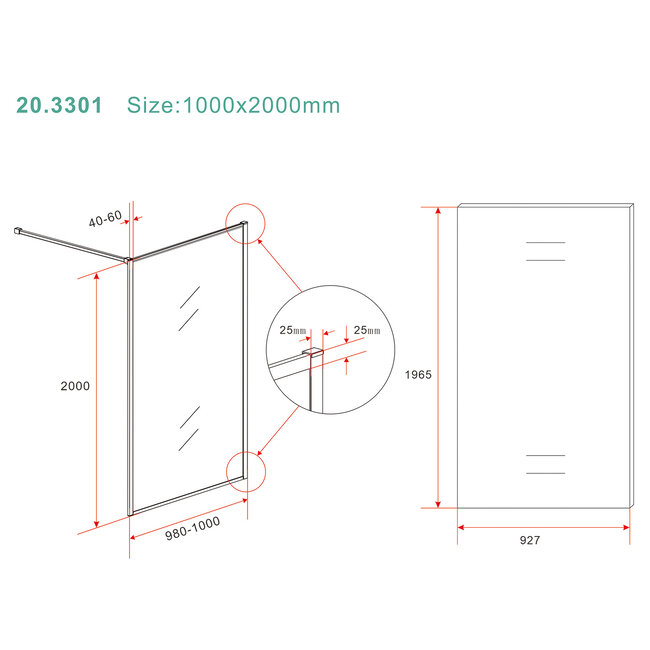Inloopdouche 100 x 200 x 8 mm nano helder glas - Geborsteld Messing / Goud