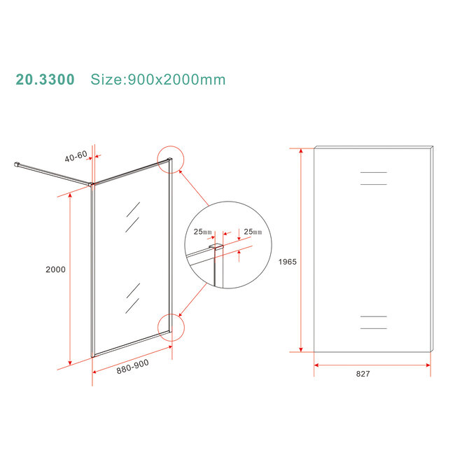 Inloopdouche 90 x 200 x 8 mm nano helder glas - Geborsteld Messing / Goud