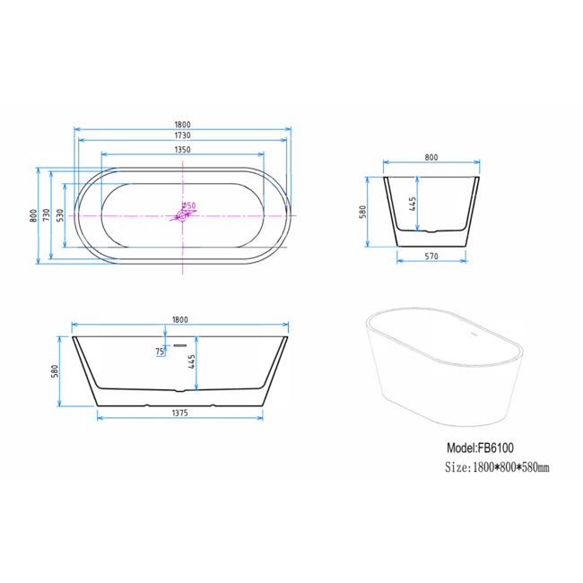 Vrijstaand Bad in Acryl 180x80cm Wit
