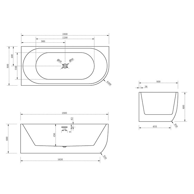 Hoekbad Göteborg - 180x80 cm - Glans Wit - Positie Links