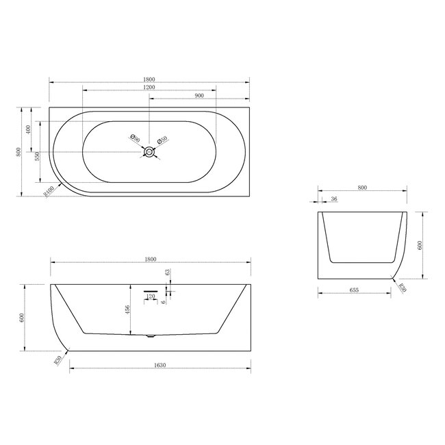Hoekbad Göteborg - 180x80 cm - Glans Wit - Positie Rechts