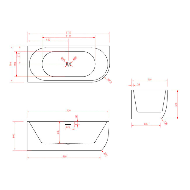 Hoekbad Göteborg - 170x75 cm - Glans Wit - Positie Rechts