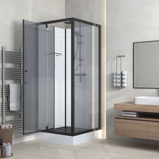 Complete douchecabine 90 x 90 x 225 cm met omkeerbare draaideur, rookglas met mat zwart profiel
