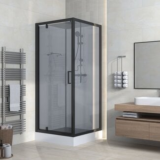 Complete douchecabine 90 x 90 x 225 cm met omkeerbare draaideur, rookglas met mat zwart profiel