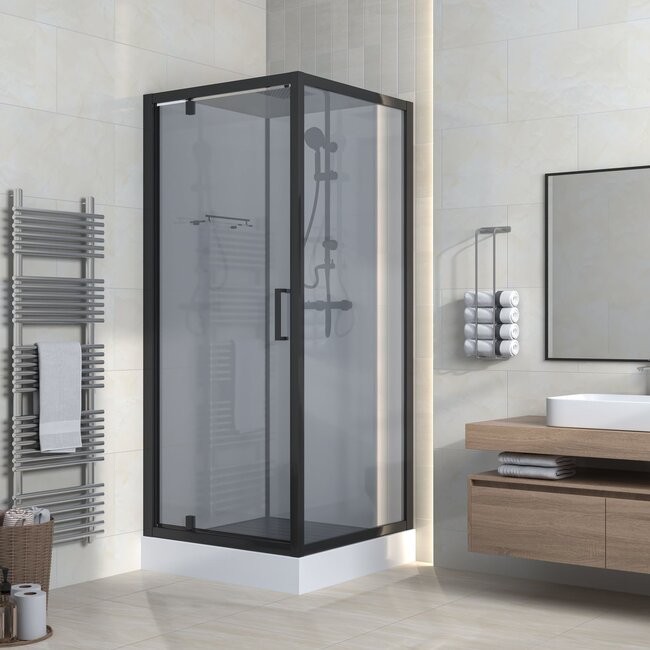 Complete douchecabine met draaideur - omkeerbaar - Mat zwart rookglas - 90x90x225cm