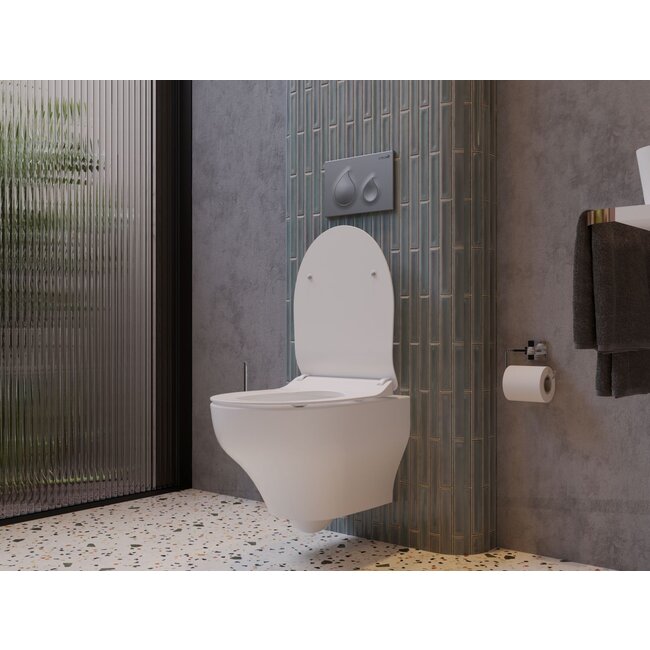 Randloos Hangtoilet met Tornado Flush en Toiletzitting – Glans Wit – Soft-Close & Quick-Release