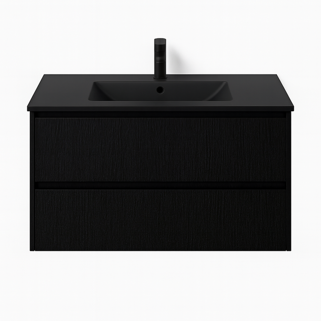 Badkamermeubel Praag met Mat Zwarte Wastafel  - 80 cm - Mat Zwart met Houtnerf