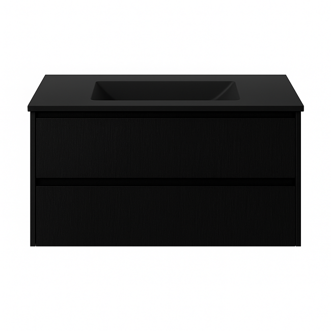 Badkamermeubel Praag met Mat Zwarte Wastafel zonder Kraangat  - 80 cm - Mat Zwart met Houtnerf