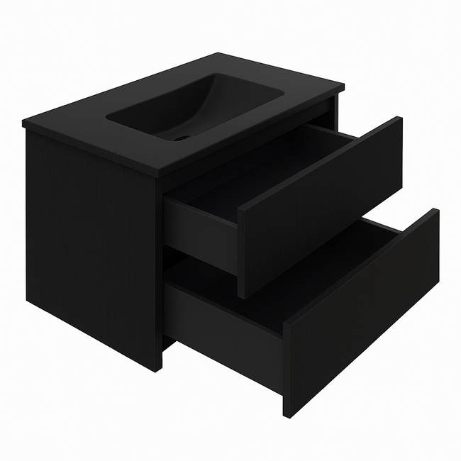 Badkamermeubel Praag met Mat Zwarte Wastafel zonder Kraangat  - 80 cm - Mat Zwart met Houtnerf