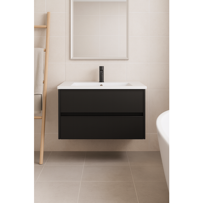Fabriecio Liverpool badkamermeubel 60 cm mat zwart met witte wastafel en kraangat