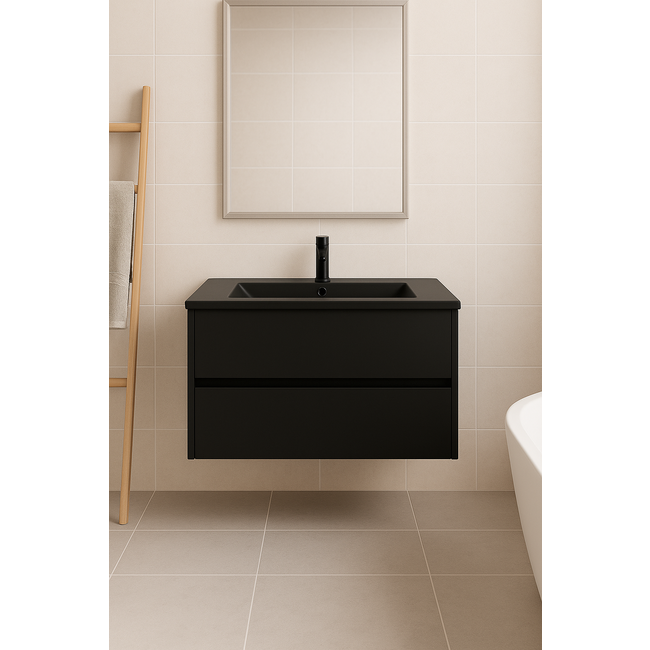 Fabriecio Liverpool badkamermeubel 60 cm mat zwart met mat zwarte wastafel en kraangat