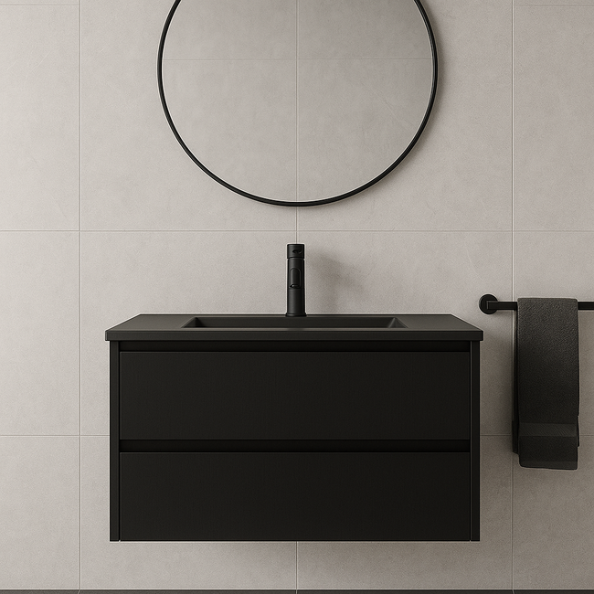 Badkamermeubel Praag met Mat Zwarte Wastafel  - 80 cm - Mat Zwart met Houtnerf